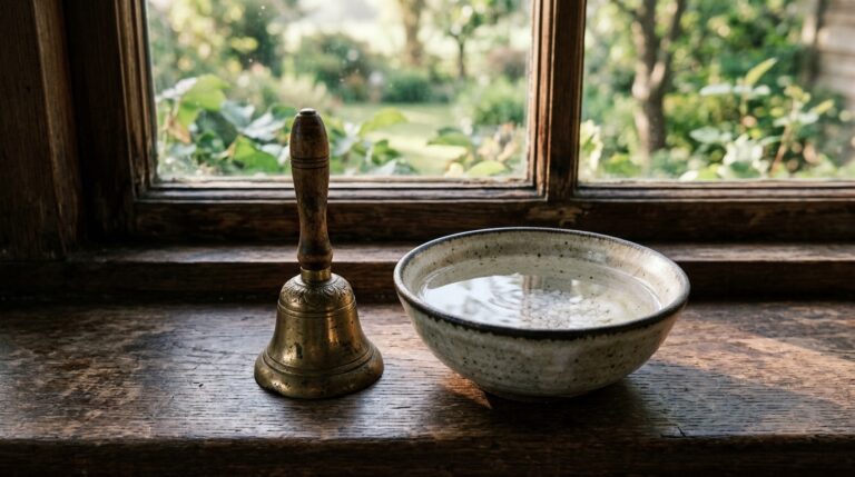 A small brass bell and bowl of salt water on a windowsill with morning light