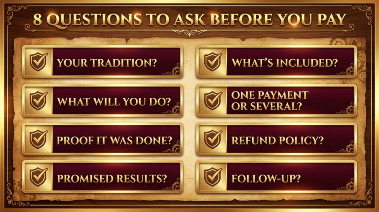 Checklist infographic of eight questions to ask about Satanic ritual pricing before you pay: your tradition, what you'll do, what's included, one payment or several, proof it was done, promised results, refund policy, and follow-up