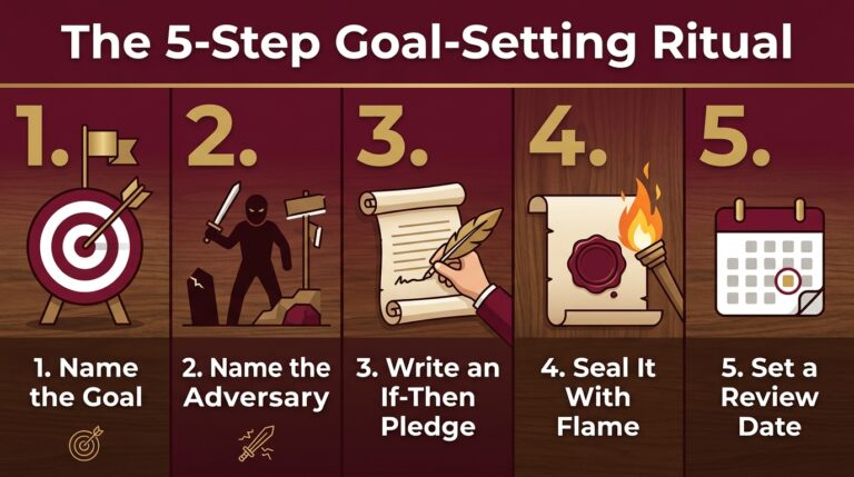 Five-step goal-setting ritual infographic: name the goal, name the adversary, write an if-then pledge, seal it with flame, set a review date