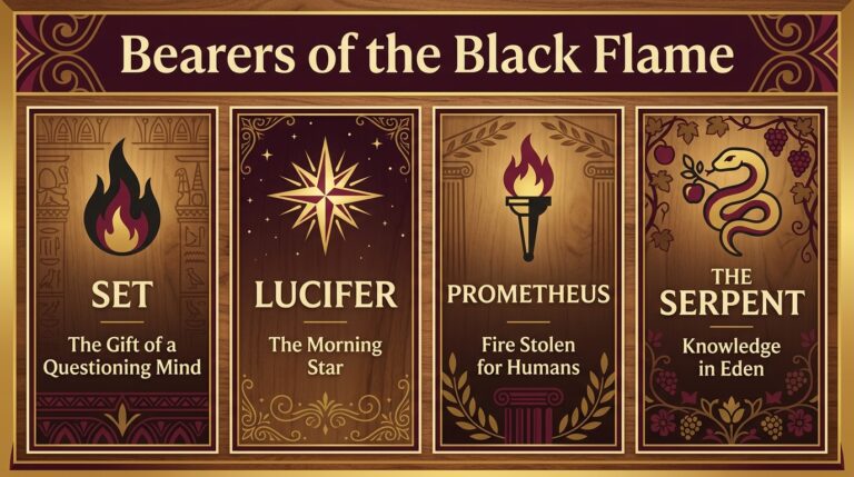 Four-panel Bearers of the Black Flame infographic: Set with a flame for the gift of a questioning mind, Lucifer as the morning star, Prometheus with a torch of stolen fire, and the serpent of Eden