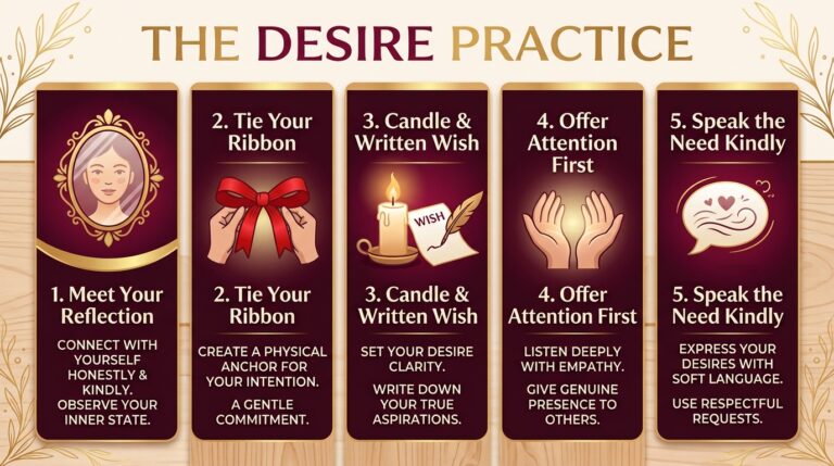 The Desire Practice infographic in five steps: meet your reflection, tie your ribbon, candle and written wish, offer attention first, speak the need kindly
