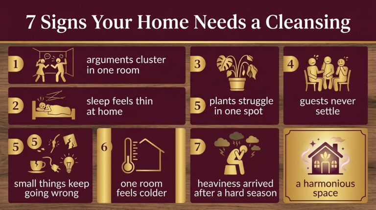Infographic of seven signs a home needs a house cleansing: arguments in one room, thin sleep, struggling plants, unsettled guests, small breakages, a colder room and heaviness after a hard season, ending with a harmonious home
