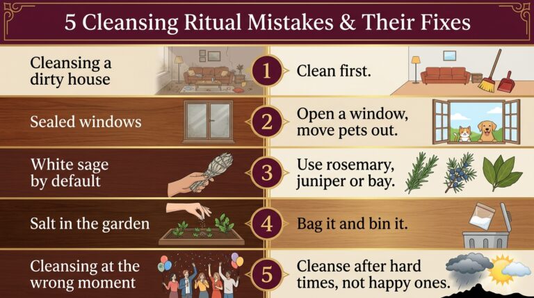 Infographic pairing five cleansing ritual mistakes with their fixes, from cleansing a dirty house to cleansing at the wrong moment
