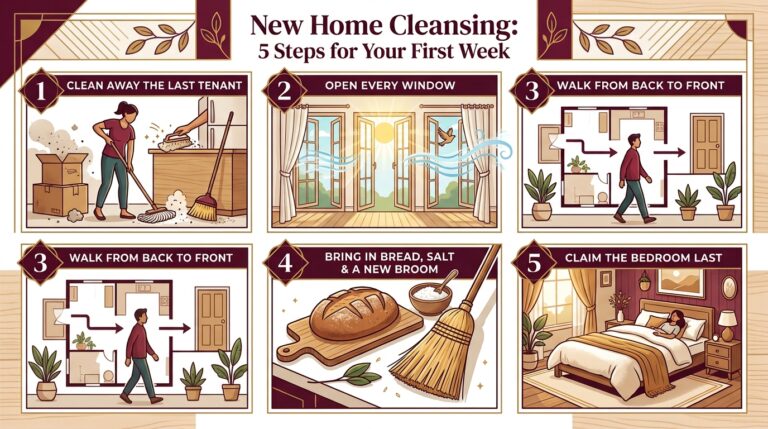 Infographic of a five-step new home cleansing for your first week: clean away the last tenant, open every window, walk from back to front, bring in bread, salt and a new broom, and claim the bedroom last