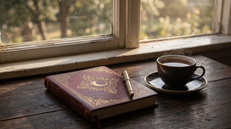A journal and cup of tea beside a window with morning light, used for post-ritual reflection