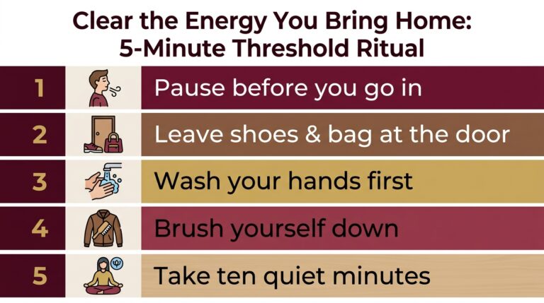 Infographic of a five-step threshold ritual to clear the energy you bring home: pause, leave shoes and bag, wash hands, brush down, take ten quiet minutes