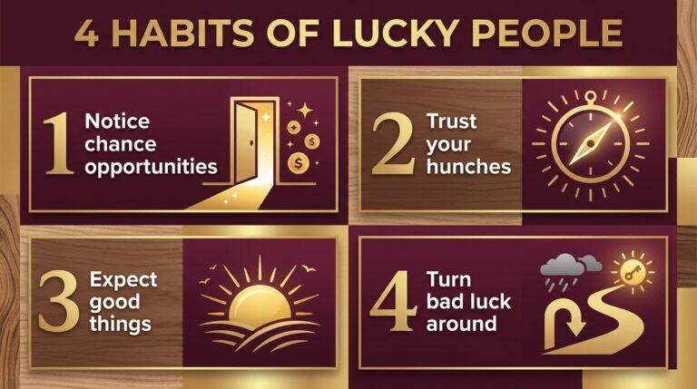 Infographic of the four habits of lucky people: noticing chance opportunities, trusting hunches, expecting good things and turning bad luck around