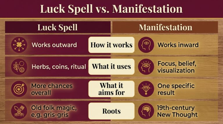 Two-column infographic comparing a luck spell vs. manifestation by how each works, what it uses, what it aims for and its roots