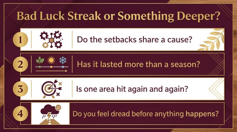 Infographic of four questions to tell a bad luck streak from something deeper: a shared cause, how long it has lasted, one area hit repeatedly, and constant dread