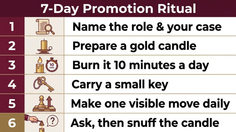 Infographic of a seven-day promotion ritual in six steps: name the role and your case, prepare a gold candle, burn it 10 minutes a day, carry a small key, make one visible move daily, then ask and snuff the candle