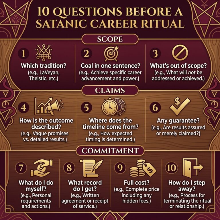 Infographic titled 10 Questions Before a Satanic Career Ritual, in three bands: Scope (which tradition, the goal in one sentence, what is out of scope), Claims (how the outcome is described, where the timeline comes from, any guarantee) and Commitment (what you do yourself, what record you get, full cost, how to step away)