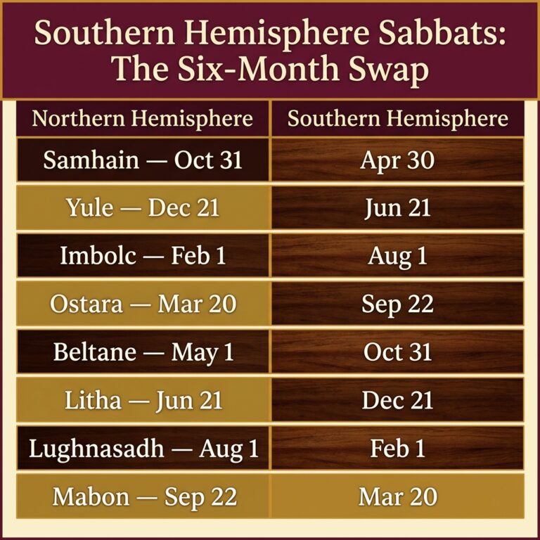 Infographic table of southern hemisphere sabbats: eight festivals from Samhain to Mabon, each northern date shown beside its southern date six months later