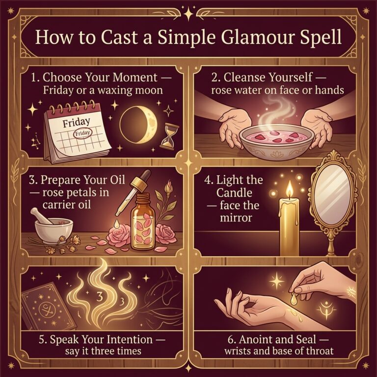 Six-step infographic showing how to cast a glamour spell, from choosing a Friday or waxing moon through cleansing, preparing oil, lighting a candle at the mirror, speaking the intention, and anointing to seal