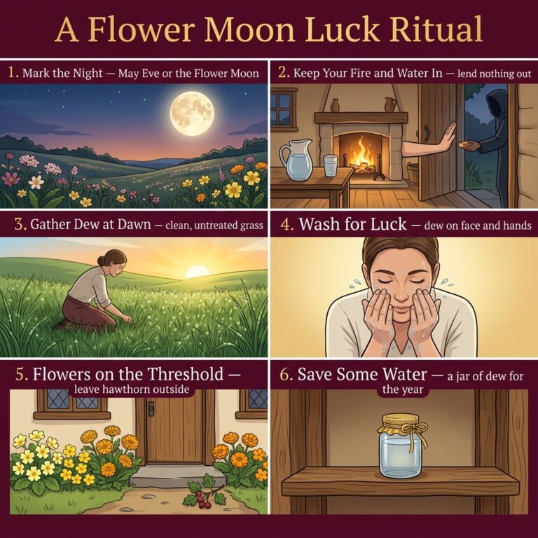 Six-step infographic of a Flower Moon luck ritual, from marking the night and keeping fire and water in, through gathering dew at dawn, washing for luck and placing flowers on the threshold, to saving a jar of dew
