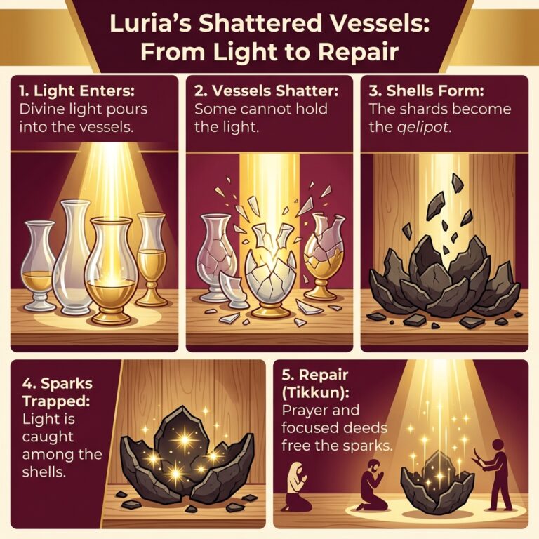 Five-stage infographic of Luria's creation story: light enters the vessels, the vessels shatter, shards become shells, sparks are trapped, and repair frees the sparks