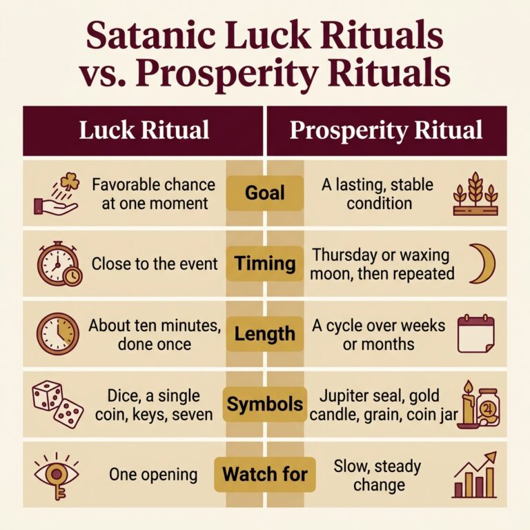 Two-column infographic comparing Satanic luck rituals and prosperity rituals across five rows: goal, timing, length, symbols and what to watch for
