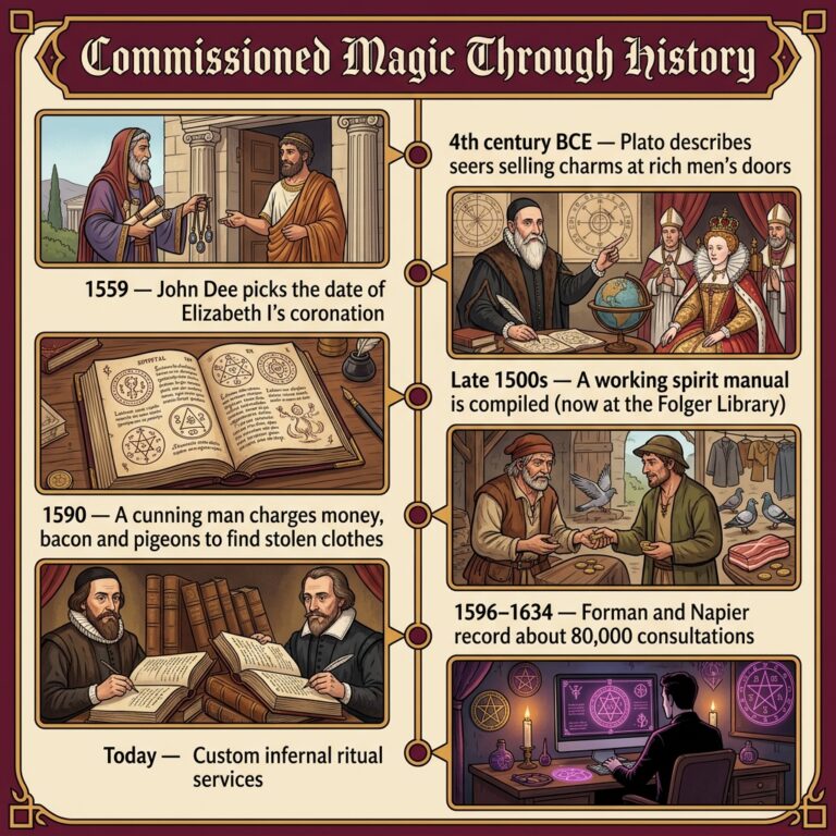 Six-stage illustrated timeline of commissioned magic: Plato's seers, John Dee choosing Elizabeth I's coronation date, a spirit manual, a cunning man paid in bacon and pigeons, the Forman and Napier casebooks and today's custom infernal rituals