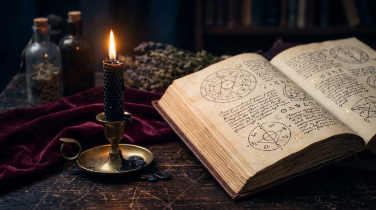 A single black candle burning beside an open book on a dark wooden table
