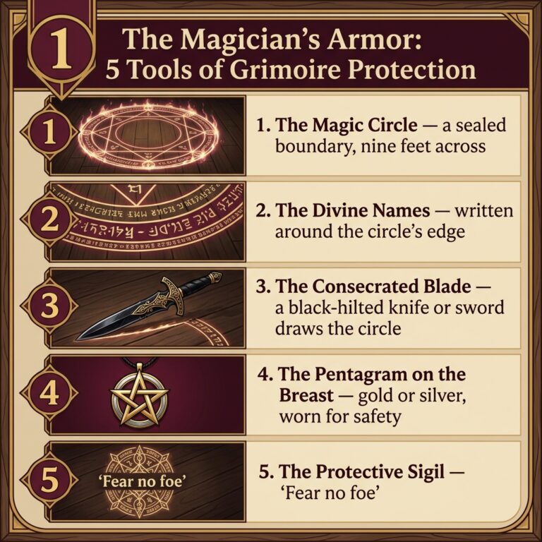 Infographic of grimoire protection listing five numbered tools of the magician's armor: the magic circle, the divine names, the consecrated blade, the pentagram worn on the breast and the fear-no-foe protective sigil