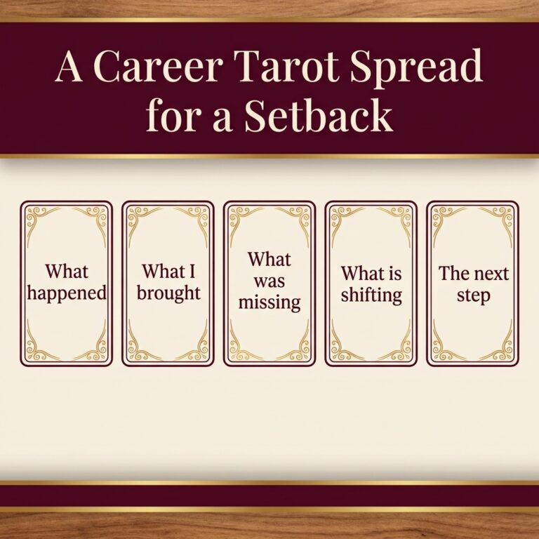 Five-card career tarot spread layout in a row, labeled what happened, what I brought, what was missing, what is shifting and the next step