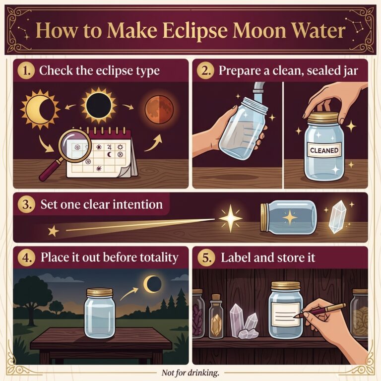 Five-step infographic showing how to make eclipse moon water: check the eclipse type, prepare a clean sealed jar, set one clear intention, place it out before totality, then label and store it