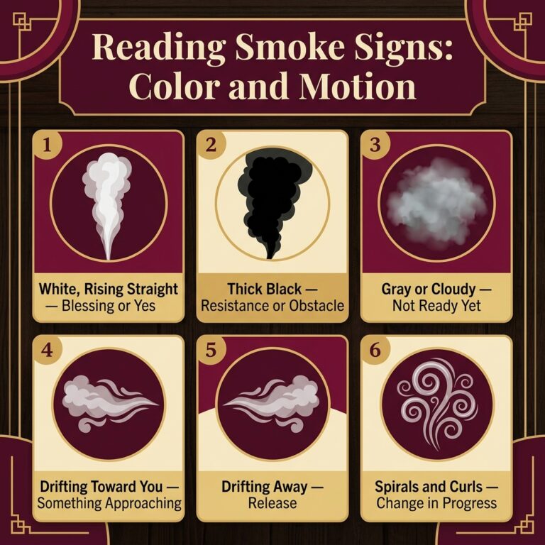 Six-panel numbered infographic titled Reading Smoke Signs: Color and Motion, showing white rising smoke as blessing, thick black as obstacle, gray as not ready yet, smoke drifting toward you as approaching, drifting away as release, and spirals as change in progress