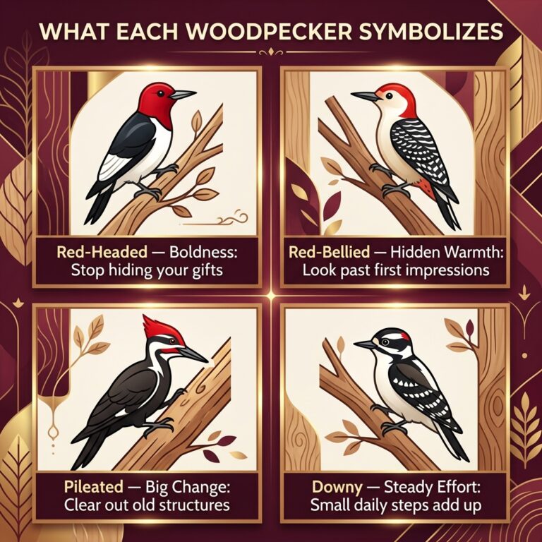 Four-panel infographic showing the woodpecker spiritual meaning of four species: red-headed for boldness, red-bellied for hidden warmth, pileated for big change and downy for steady effort