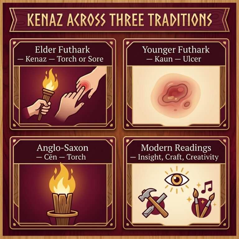 Four-panel infographic titled Kenaz Across Three Traditions, comparing Elder Futhark Kenaz as torch or sore, Younger Futhark Kaun as ulcer, Anglo-Saxon Cen as torch, and modern readings of insight, craft and creativity