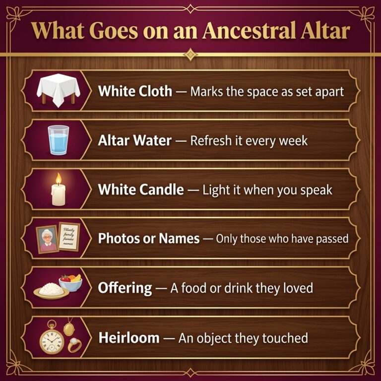 Infographic showing six items to place on an ancestral altar: a white cloth, a glass of altar water, a white candle, photos or written names, a food or drink offering, and a family heirloom