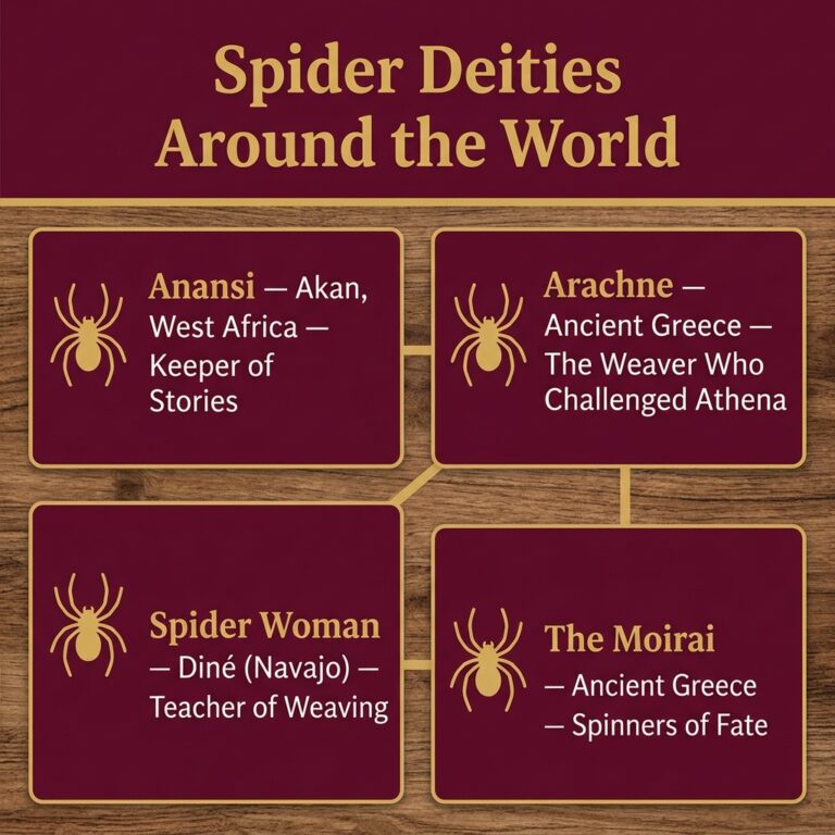 Four-panel infographic of spider deities around the world, each marked with a spider icon: Anansi as keeper of stories, Arachne as the weaver who challenged Athena, Spider Woman as teacher of weaving, and the Moirai as spinners of fate