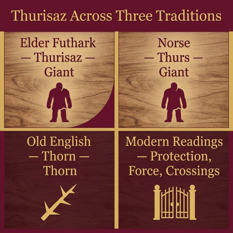 Four-panel infographic titled Thurisaz Across Three Traditions, comparing Elder Futhark Thurisaz as giant, Norse Thurs as giant, Old English Thorn as thorn, and modern readings of protection, force and crossings, each with a simple icon