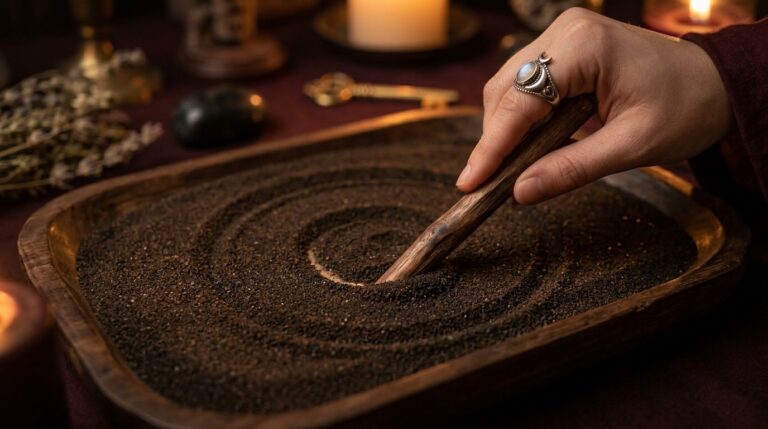 A hand slowly drawing a spiral in sand with a wooden stick