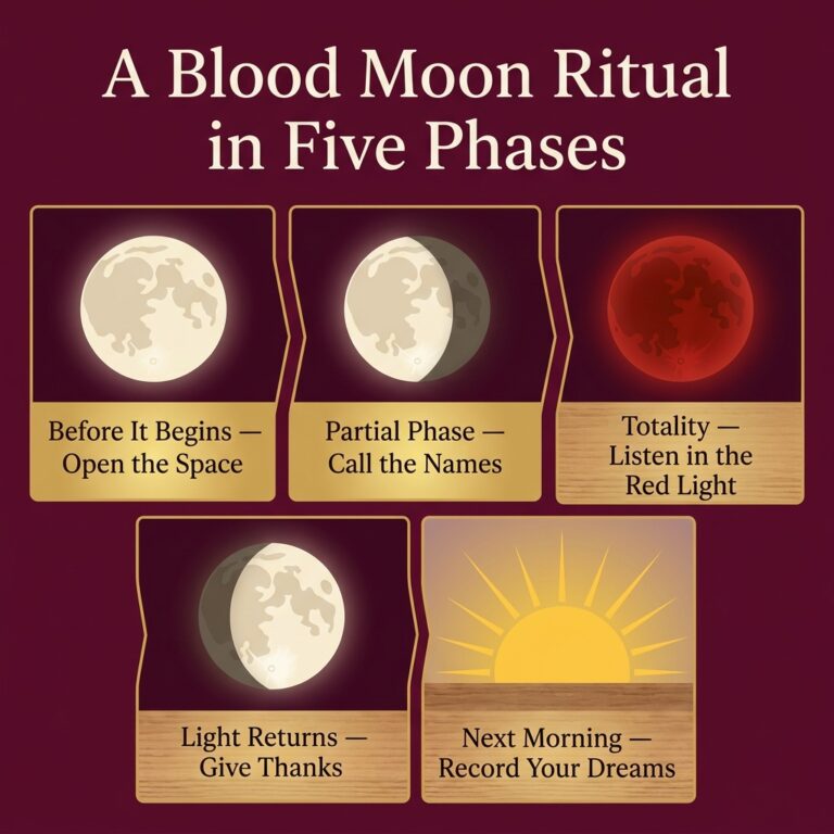 Five-phase infographic of a blood moon ritual matched to the eclipse: prepare the altar before it begins, call the names in the partial phase, listen during totality, give thanks as the light returns, and record your dreams the next morning