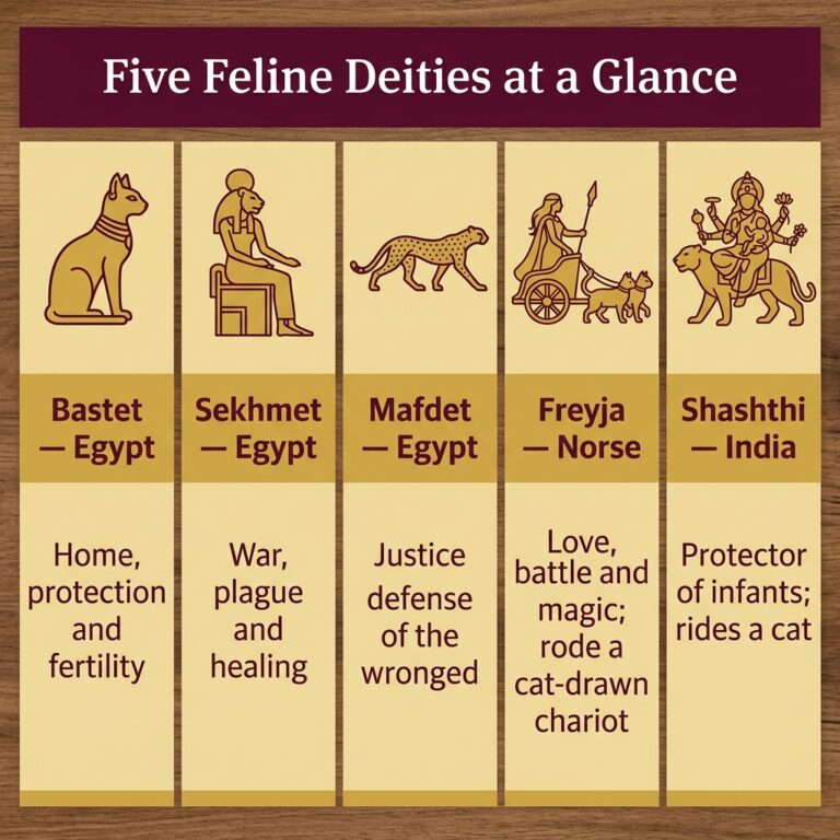 Five-column infographic titled Five Feline Deities at a Glance, showing Bastet, Sekhmet and Mafdet of Egypt, Freyja of Norse myth and Shashthi of India, each with an icon and main role