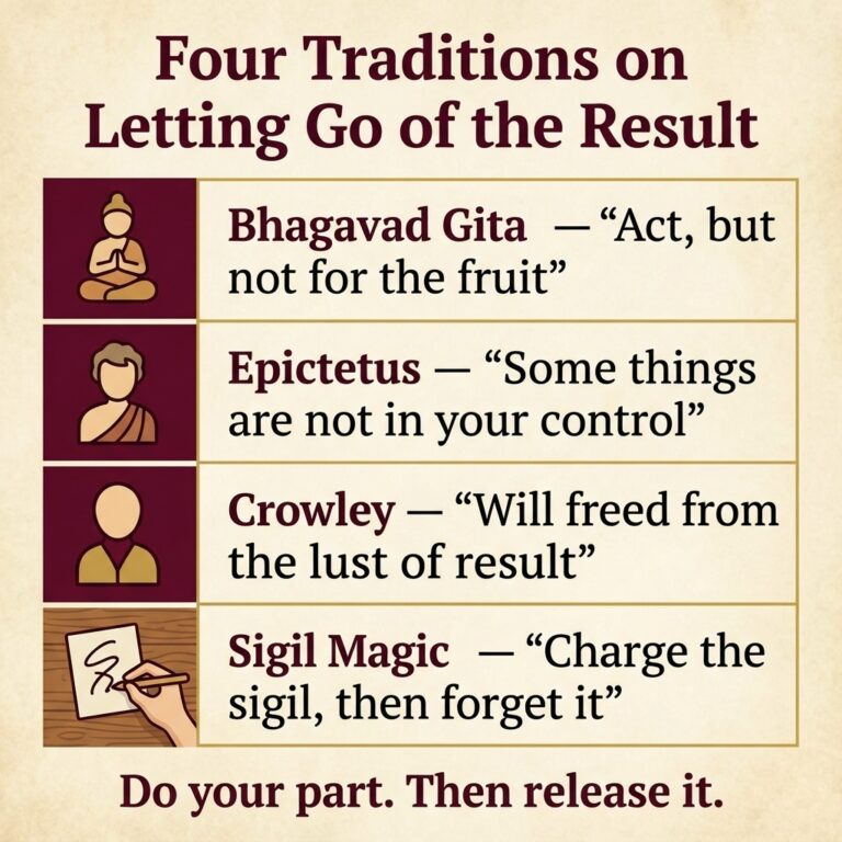 Four-row infographic titled Four Traditions on Letting Go of the Result, pairing the Bhagavad Gita, Epictetus, Crowley and sigil magic with their teachings, ending with the line Do your part, then release it