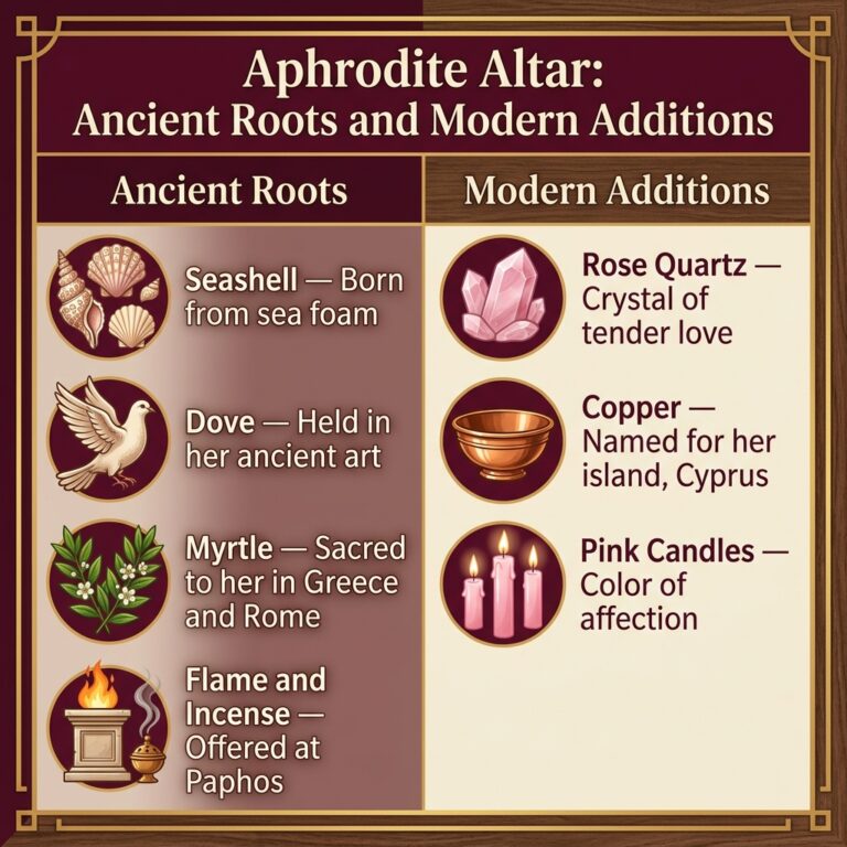 Two-column infographic comparing Aphrodite altar items, with ancient roots such as seashells, a dove, myrtle and incense on one side and modern additions such as rose quartz, copper and pink candles on the other