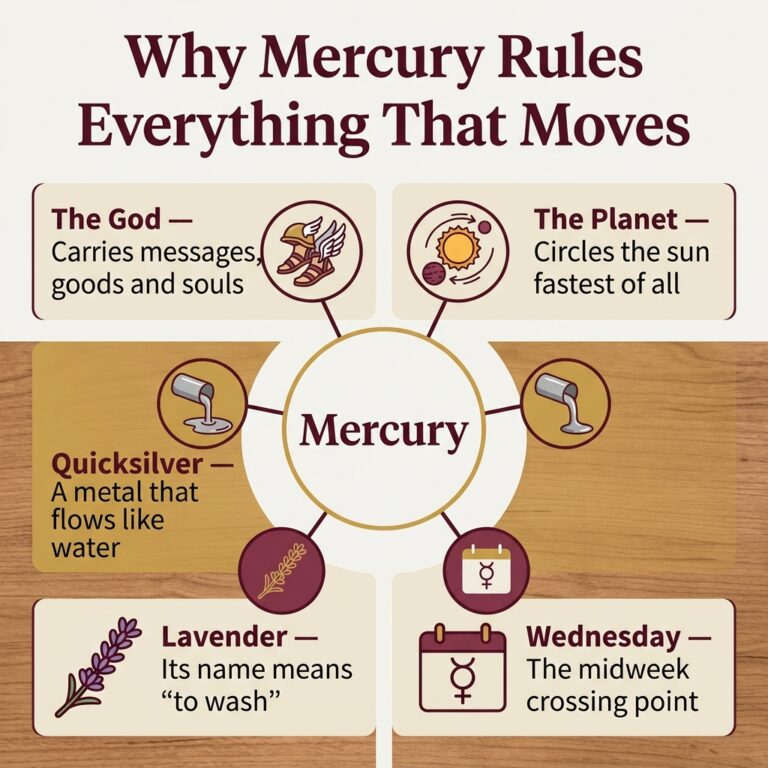 Five-part infographic linking the god Mercury to the things that share his name: the Roman god of trade and travel, the fastest planet, quicksilver, the herb lavender and the day Wednesday, all joined by the theme of movement