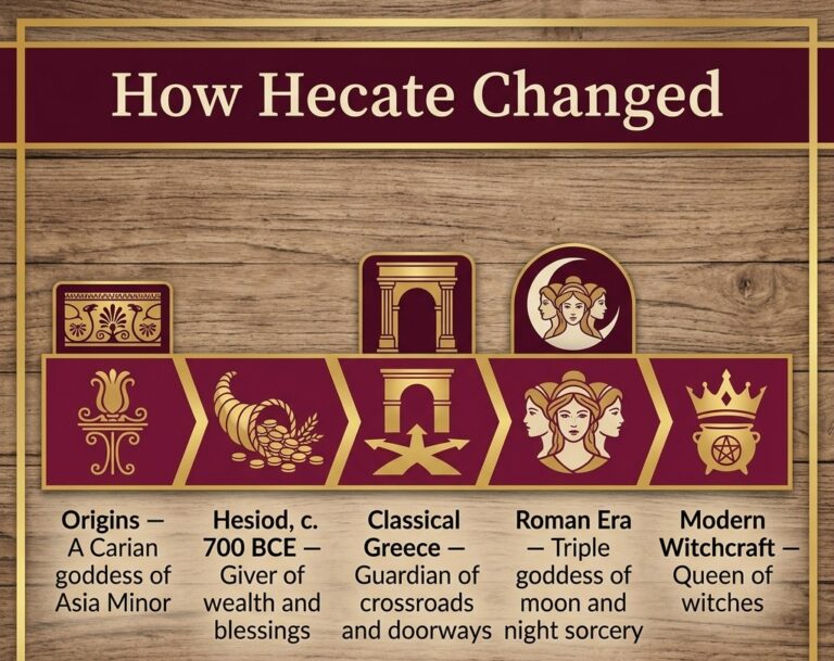 Five-stage timeline infographic showing how Hecate changed, from a Carian goddess of Asia Minor to Hesiod's giver of blessings, the Greek guardian of crossroads and doorways, the Roman-era goddess of moon and sorcery, and the queen of modern Hecate witchcraft