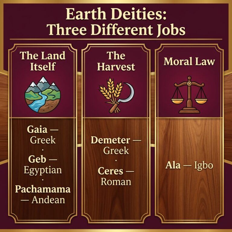 Comparison infographic of earth goddesses and gods sorted into three roles: the land itself with Gaia, Geb and Pachamama, the harvest with Demeter and Ceres, and moral law with Ala