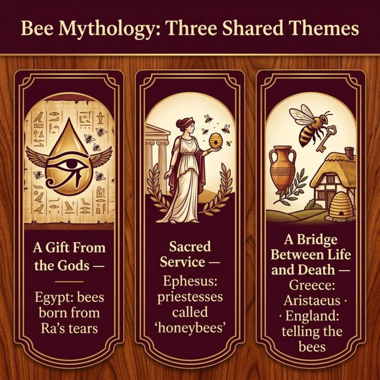 Infographic of bee mythology across cultures showing three shared themes: a gift from the gods, such as Egyptian bees born from Ra's tears; sacred service, like the melissae priestesses of Ephesus; and a bridge between life and death, seen in Aristaeus and telling the bees