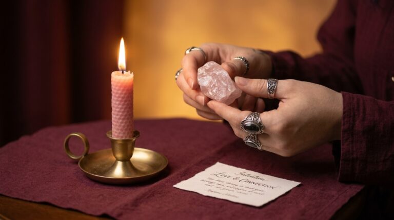Rose quartz, a pink candle, and a handwritten intention note on a linen cloth