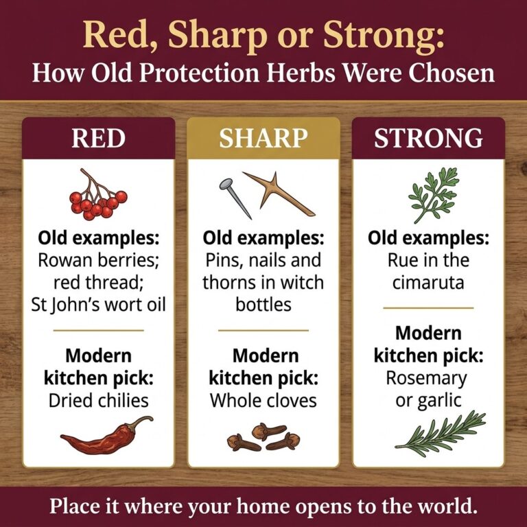 Three-column infographic sorting protection herbs into Red, Sharp and Strong, with an old example and a modern kitchen pick for each