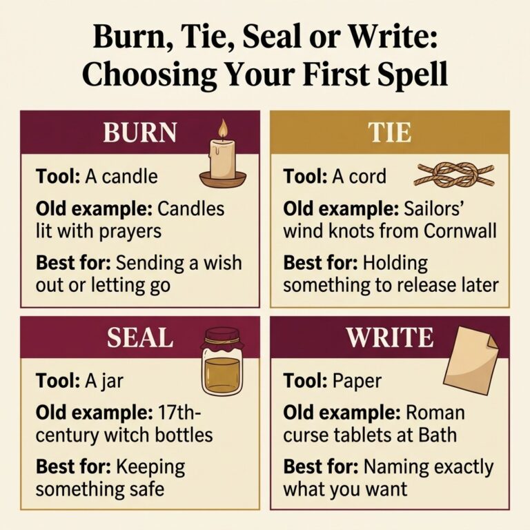 Four-panel infographic of easy spells for beginners: Burn, Tie, Seal and Write, each with its tool, an old example and the goal it suits