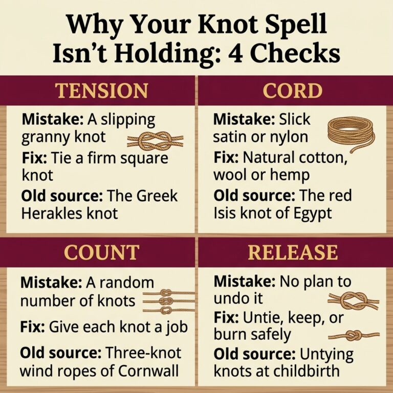 Four-panel infographic of knot spell checks: Tension, Cord, Count and Release, each with the common mistake, the fix and its old source