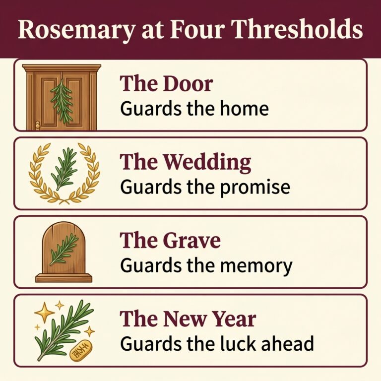 Four-panel infographic titled Rosemary at Four Thresholds: the door guards the home, the wedding the promise, the grave the memory, and the new year the luck ahead, showing rosemary magical properties at each