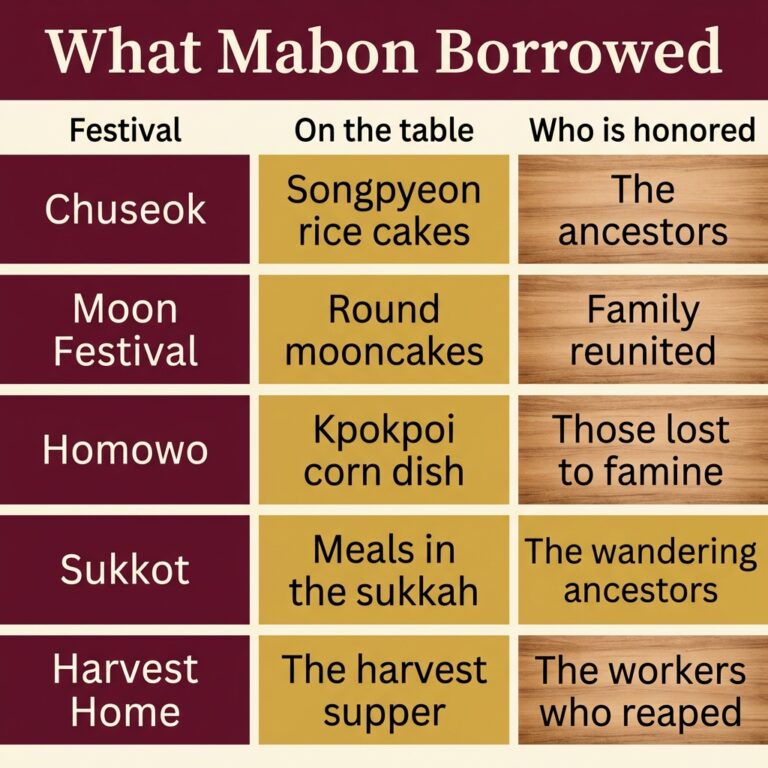 Table-style infographic titled What Mabon Borrowed, comparing five harvest festivals by what is on the table and who is honored, from Chuseok to Harvest Home, the roots of many Mabon traditions