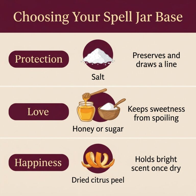 Three-row infographic titled Choosing Your Spell Jar Base, matching protection to salt, love to honey or sugar and happiness to dried citrus peel, with the reason for each