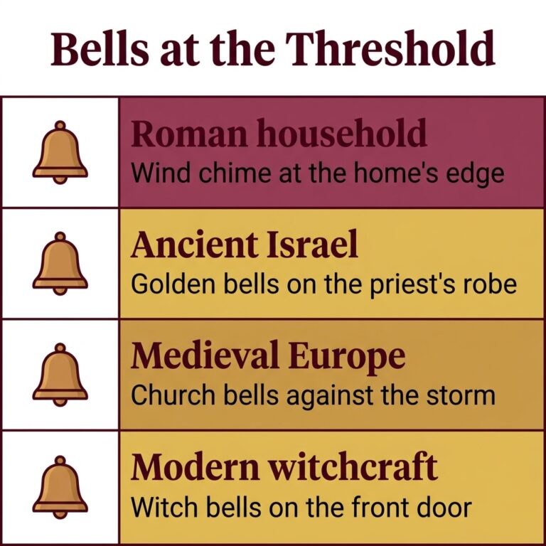 Four-row infographic titled Bells at the Threshold, tracing bells from a Roman household wind chime to the priest's golden bells, church bells against the storm and modern witch bells on the front door