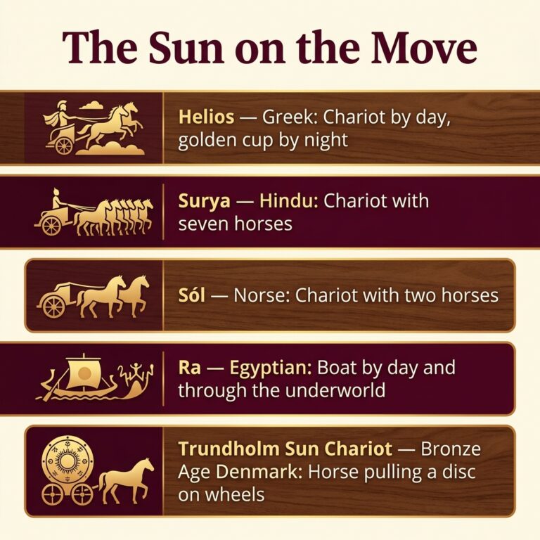 Comparison infographic titled The Sun on the Move, showing how five summer deities and sun images travel the sky: Helios by chariot and cup, Surya by seven-horse chariot, Sól by two-horse chariot, Ra by boat and the Trundholm horse and disc