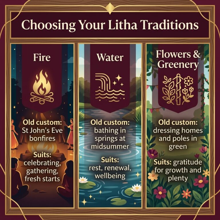 Infographic titled Choosing Your Litha Traditions, with three panels for fire, water and flowers, each showing its old midsummer custom and the intention it suits